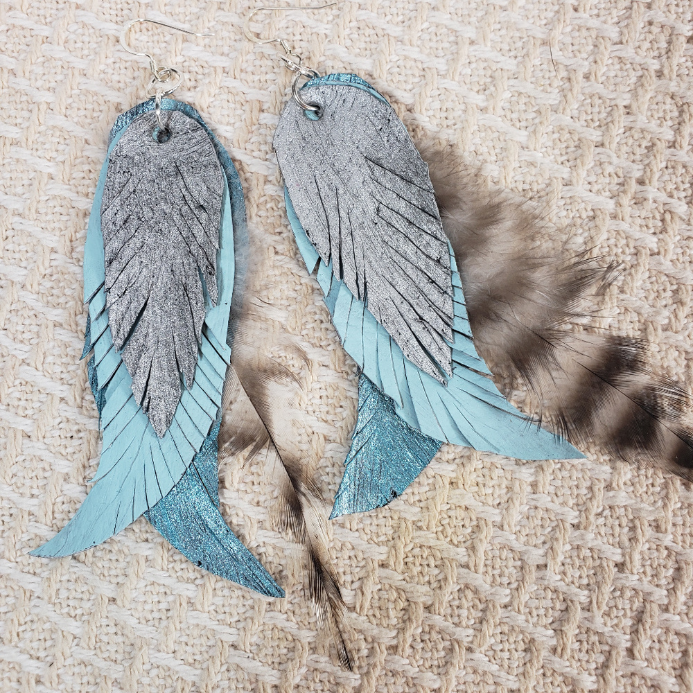 Feather Leather Turq Blue Silver Dangle Earrings